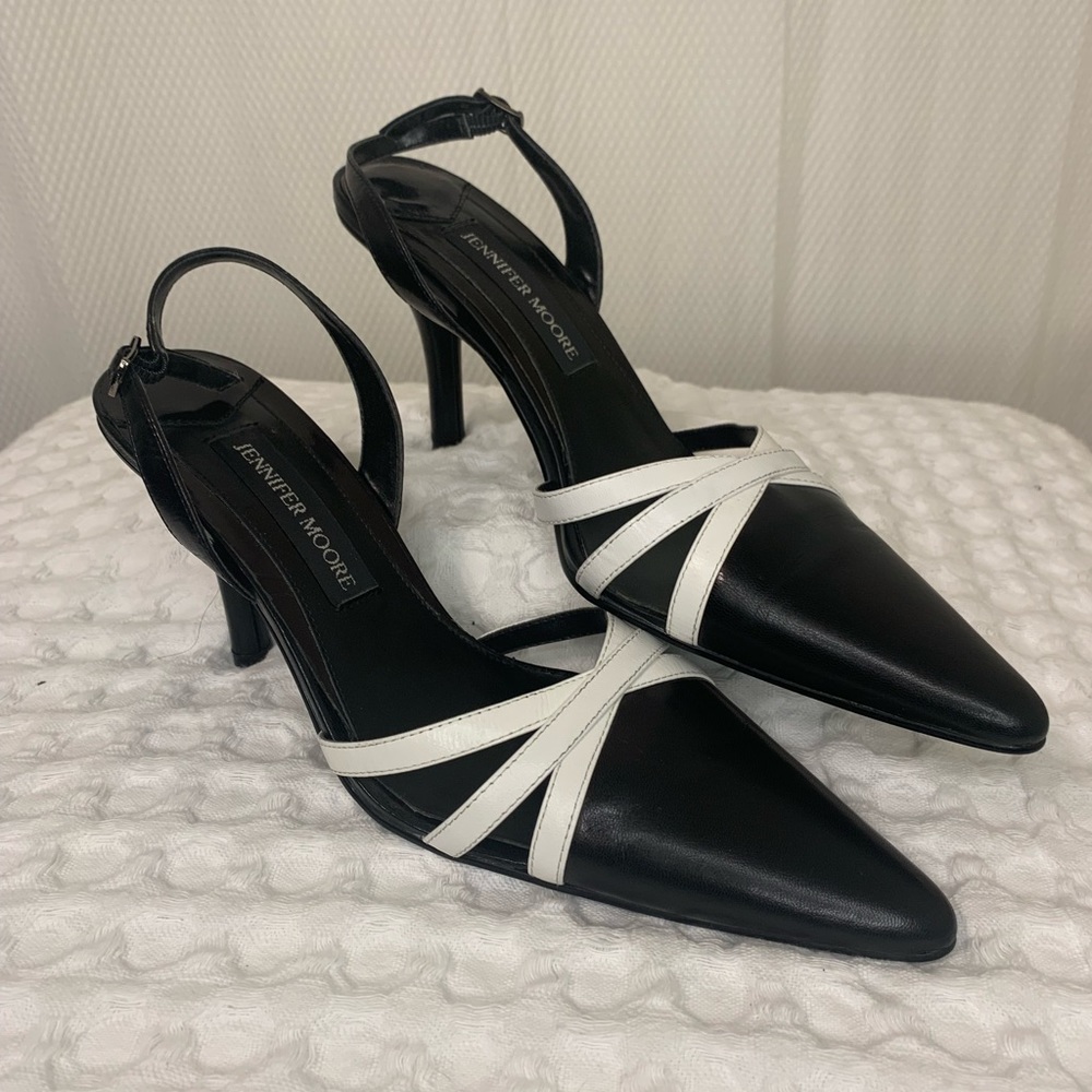 Jennifer Moore Leather White and Black Sling Back Pointy Heel